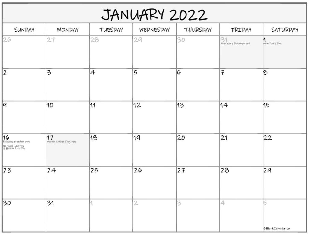 January 2022 calendar-with usa holidays
