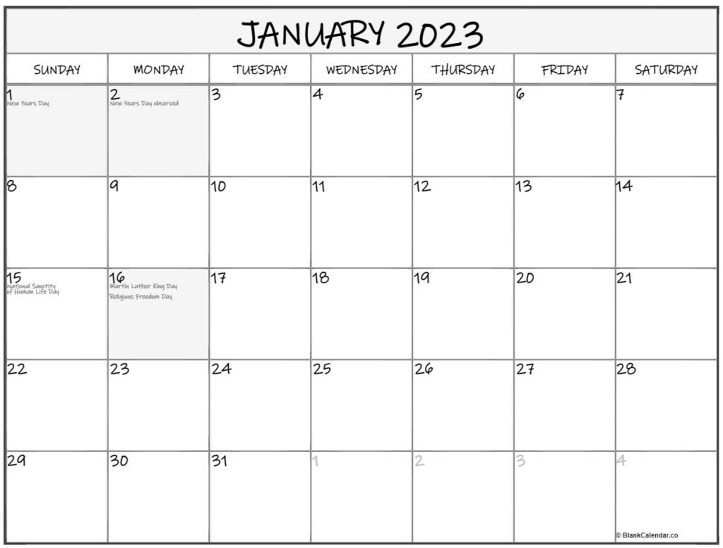 January 2023 calendar-with usa holidays