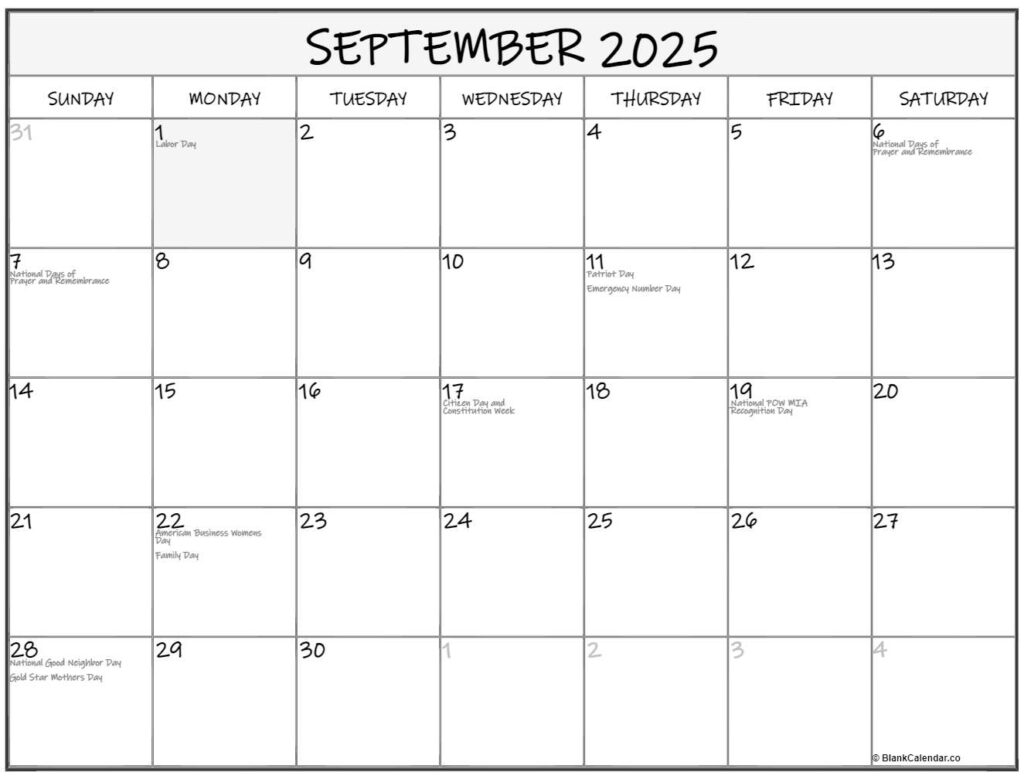 September 2025 calendar with holidays
